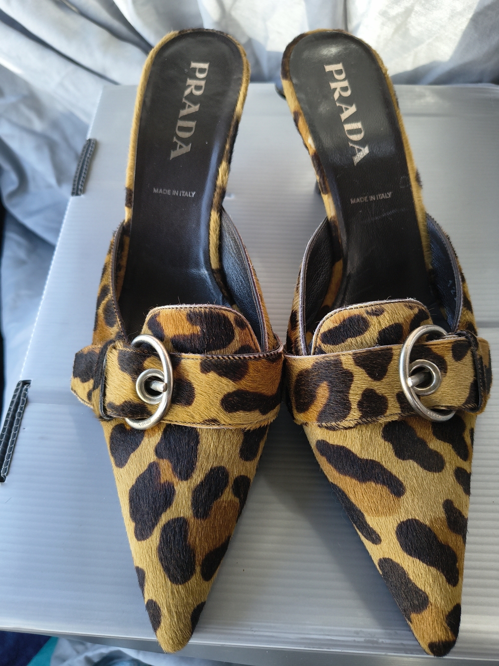 Prada Leopard Haircalf Pointed Mules with Silver Ring Detail